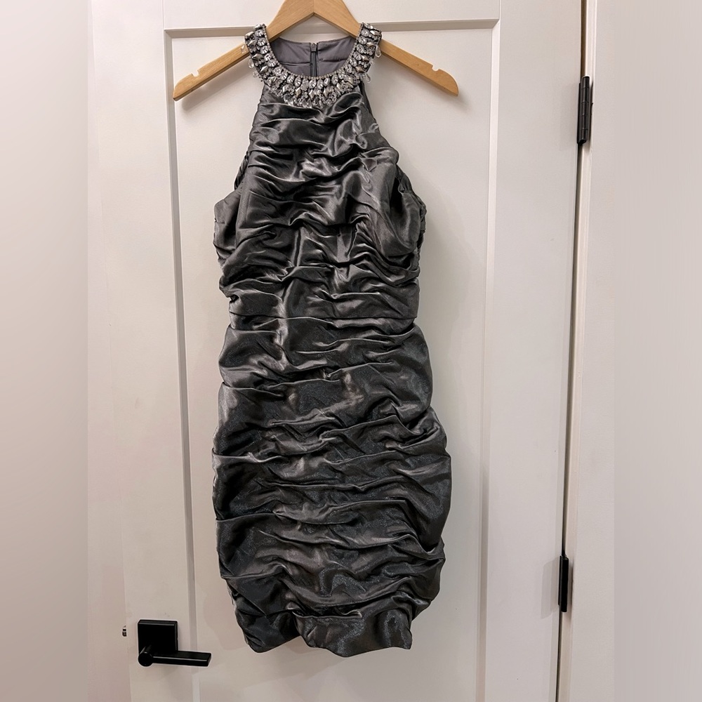 Cashet gunmetal gray silver ruched halter formal dress. Size 10.